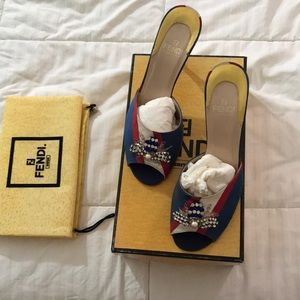Fendi 37 red white and blue open toe mule